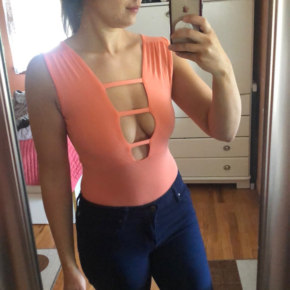 Pink coral plunge strap thong bodysuit